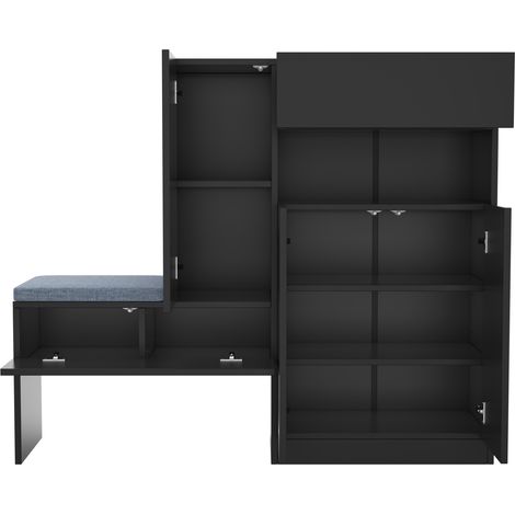 Zapatero 2 en 1 con asiento acolchado, puertas curvadas y cierre suave, negro, 130 x 35 x 110 cm (1/5)