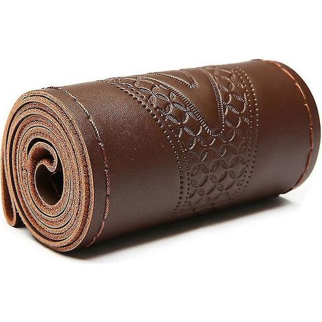 Housse de volant universelle en cuir véritable gaufré, style tendance, 37-38 cm, en cuir de vachette tressé avec couture à l'aiguille - Marron foncé (1/4)