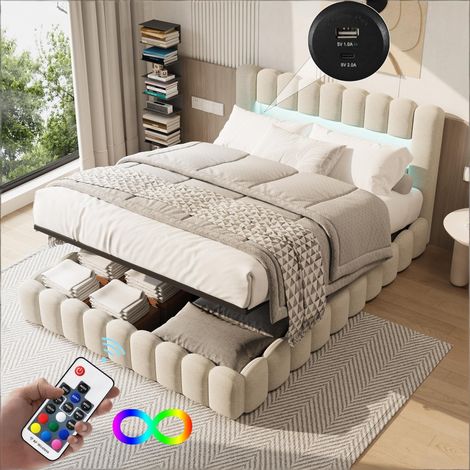 Lit coffre 180 x 200 cm,lit 180x200 avec sommier,avec port USB et LED,lit double,Lit Rembourré,souche d'arbre,cadre de lit,Lin,Beige (1/5)