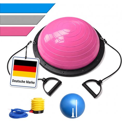 Relaxdays Balance Ball, 58 cm, mit Bändern & Luftpumpe, Anti Burst, 150 kg, Halbball für Yoga, Pilates, Fitness, magenta (1/5)