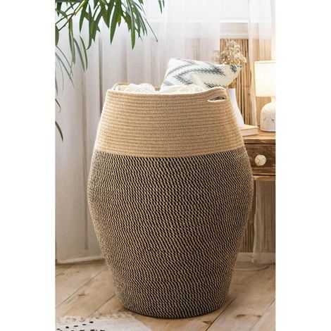 Panier à linge tressé en jute et coton noir, 65 cm, avec poignées robustes (1/5)