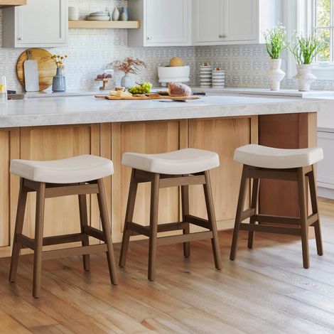 Barhocker 3er Set 61 cm Sitzhöhe Kunstleder Holzbeine Antik Weiß (1/5)