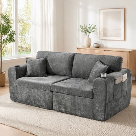 Canapé 2 places compact, Canapé droit 2 places en chenille gris avec USB, porte-gobelet, poche latérale et coussins, 220x100x89cm (1/5)