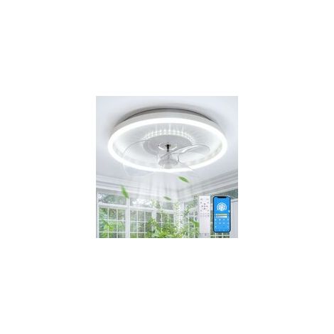 Deckenventilator mit Beleuchtung, dimmbares LED-Ventilatorlicht mit Fernbedienung per App, 6 Geschwindigkeiten, 32W weißer runder leiser Deckenventilator mit Lampe für Schlafzimmer und Wohnzimmer, 50 