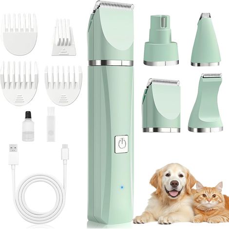 Tondeuse 4-en-1 pour Animaux, Silencieuse & Sans Fil (Vert), Rechargeable USB, 4 Accessoires, Pour Chats, Chiens et Autres Animaux (Pattes, Yeux, Oreilles, Visage), Tondeuses pour Chiens
