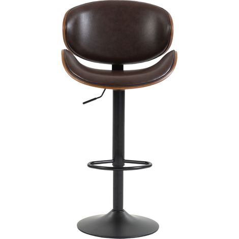 Lot de 2 tabourets de bar pivotants réglables en hauteur, assise en PU marron sur cadre bois courbé avec dossier ergonomique et repose-pieds (1/5)