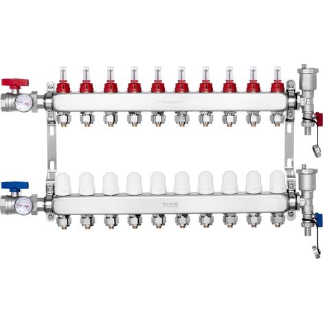 VEVOR Collettore di Riscaldamento Radiante a 10 Rami, Collettore per Tubi PEX da 12,7 mm in Acciaio Inossidabile PEX, con Adattatori da 12,7 mm, per Pavimento Radiante Idronico, Kit Collettore PEX