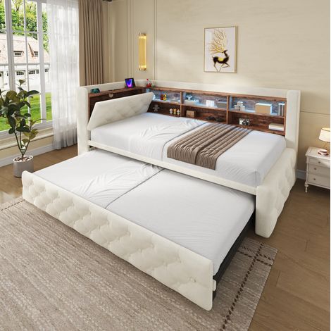 Lit banquette 90x190 cm, avec rangement, tête de lit avec LED et ports USB et Type-C, en velours, beige, sans matelas (1/4)