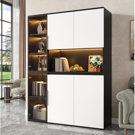 Meuble de rangement vitrine haute 120 x 40 x 160 cm avec LED, MDF, noir et blanc HAVRYA (1/5)