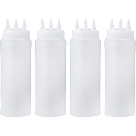 Juego de 4 botellas de plástico de 450 ml con tapón a presión y 3 orificios para especias, vinagreta, aceite, mostaza, kétchup, aderezo para ensaladas, accesorio de cocina. (1/3)