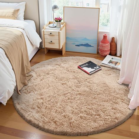 Tapis Moelleux à Poils Longs - Dessous antidérapant - Lavable - pour Le Salon, la Chambre d'enfant, la Chambre à Coucher - 120 cm Rond, Beige