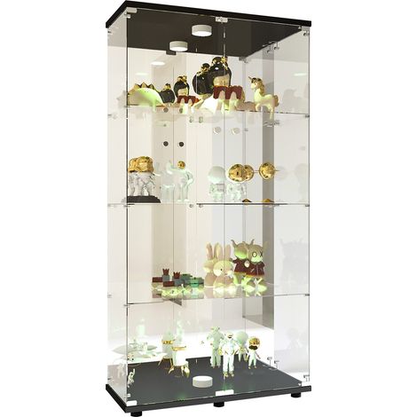 Tanant – Vitrine en verre noire autoportante avec 4 étagères et éclairage LED – Double porte en verre – Dimensions 36 x 80 x 164 cm