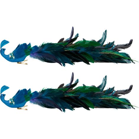Lot de 2 Ornements Paon Artificiels Décoration NoëL Plume Longue avec Pince 40x7.5x7.5cm-KZQ (1/2)