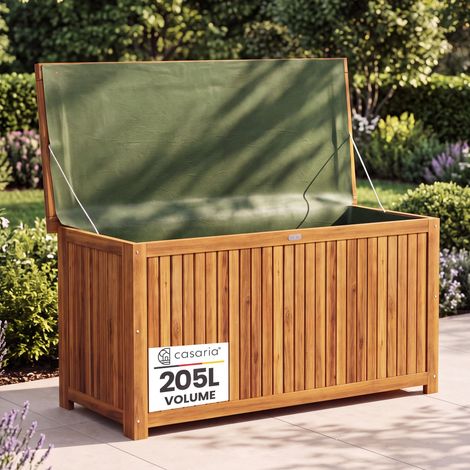 CASARIA® Coffre de rangement bois d'acacia 205 L avec bâche intérieure couvercle 160kg boîte caisson coffre de jardin balcon