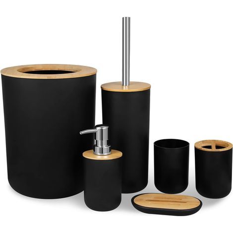 accessoires salle de bain, lot de 6, en plastique et en bambou, ensemble complet, noir (1/5)