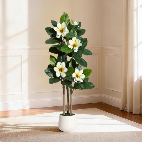 Arbre Ficus Faux 122 cm  Plante Artificielle Intérieur Feuilles Toucher Réel & Troncs Multiples  Pot Fausse Plante avec Fleurs Blanches pour Décoration Maison Bureau Salon (1/5)