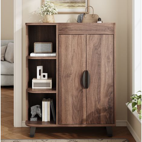 Meuble à chaussures étroit 80 x 32 x 99 cm, avec niches ouvertes et plateau, noyer (1/5)