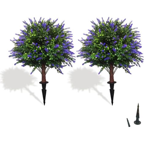 Lot de 2 Arbres Topiaires Lavande 63,5cm Piquet Sol Résistant UV Extérieur Intérieur Jardin (1/5)