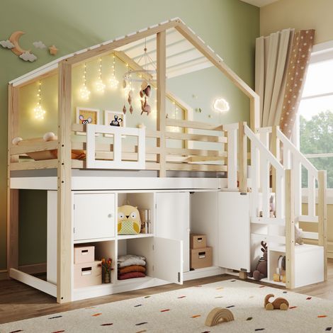 Lit enfant mezzanine 90x200 cm avec rangements et escalier, blanc et bois DESVIAE (1/5)