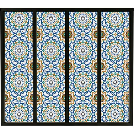 Verrière atelier intérieure aluminium noir 4 vitrages 135 x 117 cm - Décor oriental - Zeljane - bleu et multicolore et transparent - Verre trempé (1/5)