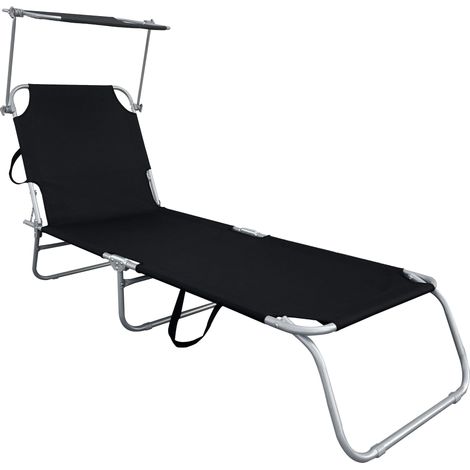 3-Bein Gartenliege klappbar mit Sonnendach - schwarz - Relax Sonnenliege mit 4-fach verstellbarem Rückenteil - Liege für Camping Garten Pool Spa Wellness