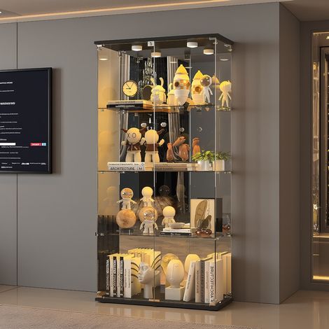 HYTKKBD - Vitrine en Verre avec Éclairage LED,2 Portes,4 Étagères,Vitrine pour Collection,Dimensions 164x80x36 cm,Vitrine Salon,Verre Trempé sur Miroir,Noir