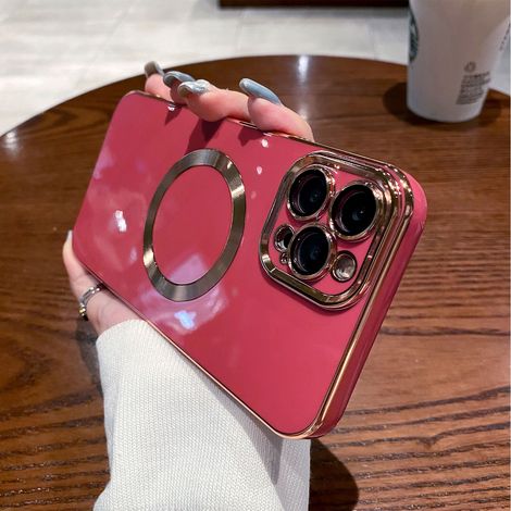 Coque iPhone 13 Pro Max Magnétique MagSafe, Protection Caméra Intégrée, Silicone TPU Souple et Fin, Doré Plaqué, Rouge, Compatible 6,7 Pouces