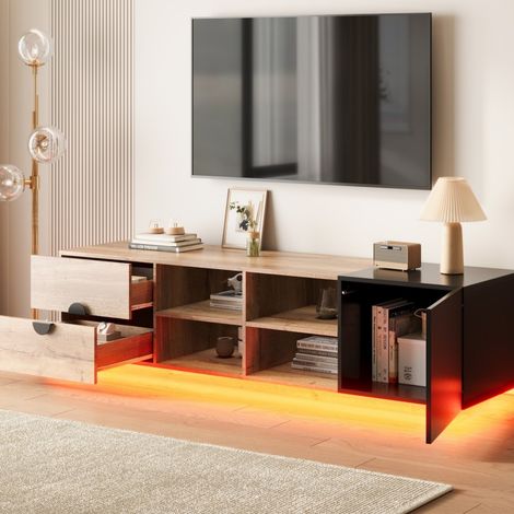 Meuble TV en bois noir 180x38,5x47 cm avec tiroir, rangement ouvert/fermé et tablettes marchepieds pour salon (1/5)