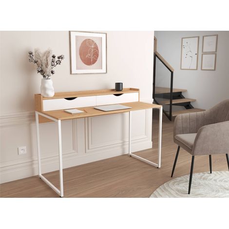 Deco In Paris – Bureau droit scandinave 120x55cm en bois MDF chêne et blanc – Étagère avec 2 tiroirs – Pieds en métal blanc – Pour home office (1/5)