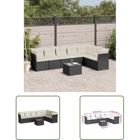 The Living Store Salon de jardin 8 pcs avec coussins noir résine tressée - Ensemble Salon De Jardin - Mobilier De Jardin - Salon De Jardin Pliable - Résine Tressée - Rotin Synthétique (1/3)