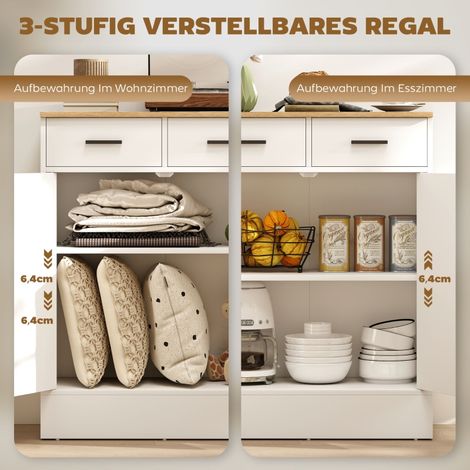 Buffet blanc en bois naturel avec 2 tiroirs et étagère réglable, meuble de rangement pour cuisine, salon ou couloir