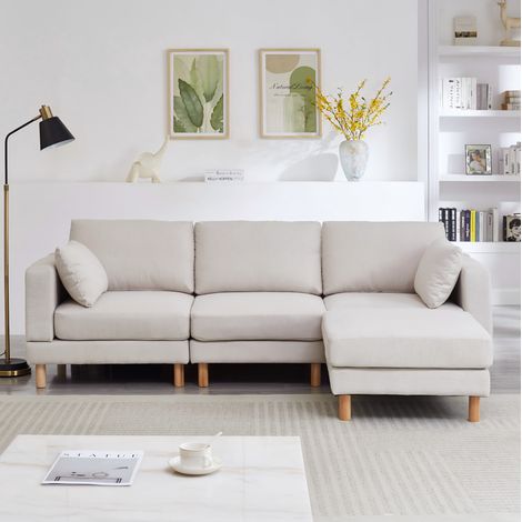 Sofá modular de 3 plazas con puf, en poliéster, beige (1/5)