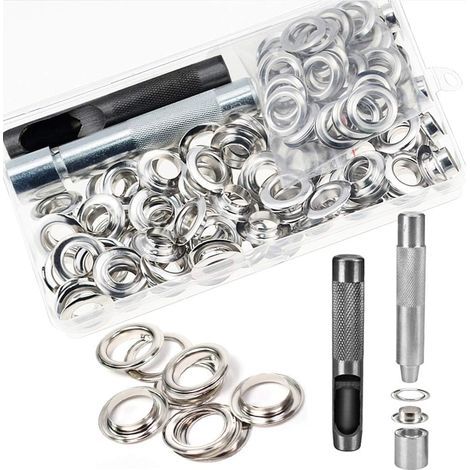 Œillets Kit, 100 Ensembles Œillets 12 mm Œillets, Kit de réparation de bâche, Avec 3pcs Grommet Outils à Oeillet Œillets Kit pour Bâche, Tissu, Rideaux ( argent) (1/5)