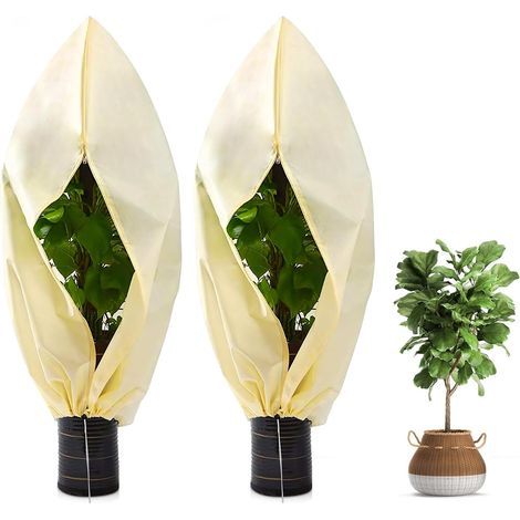 Lot de 2 protections d'hivernage pour plantes en pot, 60 x 80 cm, protection d'hivernage pour plantes avec fermeture éclair et cordon de serrage, protection des plantes indéchirable, beige (1/5)