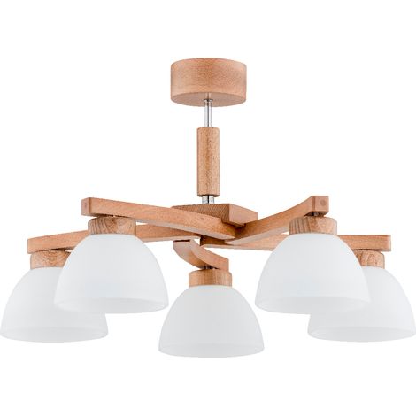 Plafonnier bois clair 5 bras, globes blancs E27 Alfa (1/2)
