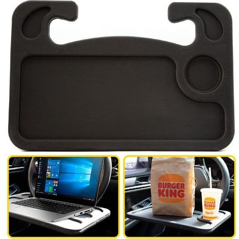 2-in-1 Lenkrad-Aufsatz – Tragbarer Schreibtisch für Laptop und Essensablage, universelles Reisezubehör mit Getränkehalter, belastbar bis 5 kg, Schwarz (1/5)