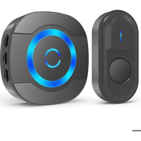 Sonnette de Porte sans Fil 300M IP55 Étanche Carillon Electronique avec Récepteur Enfichable pour la Maison 55 Mélodies LED Noir (1/5)