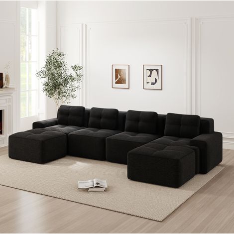 REDOM - Sofá modular en U 4 plazas respaldo curvo, reposabrazos anchos, tejido corduroy negro (1/5)