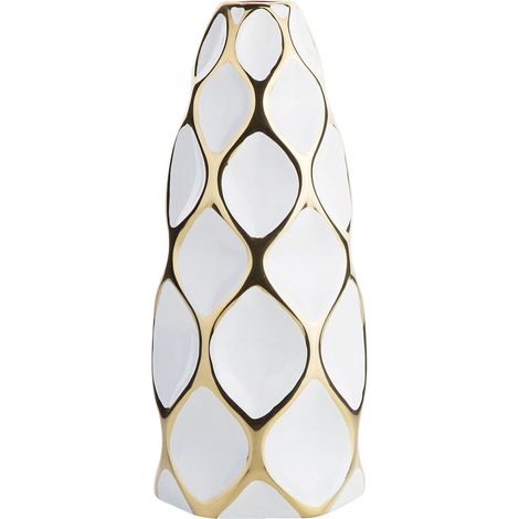Vaso da Fiori in Gres Porcellanato Bianca Decorazione Dorata Geometrica 36 cm Avila (1/5)