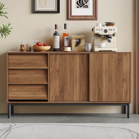 Sideboard 150 x 40 x 80 cm, 3 Schubladen, 2 Schiebetüren, viel Stauraum, moderner Stil, MDF, natur