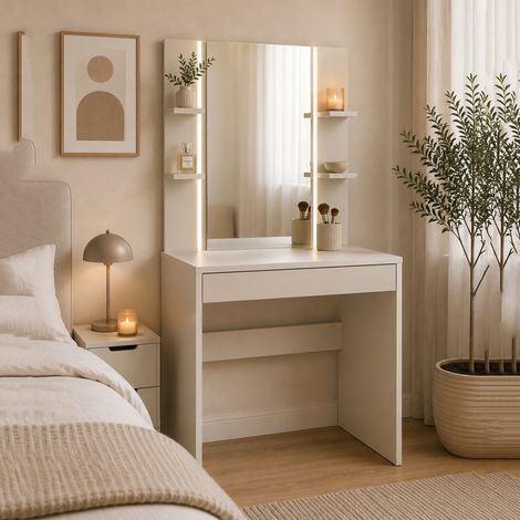 Toletta Loga, Mueble de Tocador con Espejo Incluido, un Cajón, Efecto Liso, 80x40x136h cm Beige Claro (1/3)