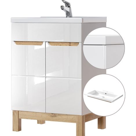 Waschtischunterschrank inkl. 61cm Keramikbecken SOLNA-56 Hochglanz weiß mit Wotaneiche, B x H x T ca. 61 x 85 x 46cm (1/5)