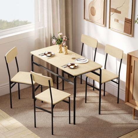 Table salle de salle à manger 5 pièces rectangulaire, 4 chaises, bois métal, style industriel gain place, salon cuisine, noir et bois