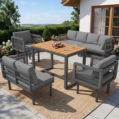 Salon de jardin 6 pièces 110/62/76 cm gris en métal avec tressage corde (1/5)