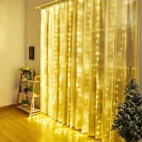 Rideau lumineux LED UAB 3M x 3M, alimenté par batterie, 8 Modes, télécommande étanche pour mur de fenêtre, fête de mariage (blanc chaud) (1/3)