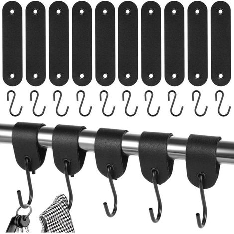 Set mit 10 Haken mit Lederschlaufen – Für Kleiderstangen – Edelstahl – Schwarz – 12,5 x 3 cm – Für Kleiderschrank und Camping – Schwarz (1/4)