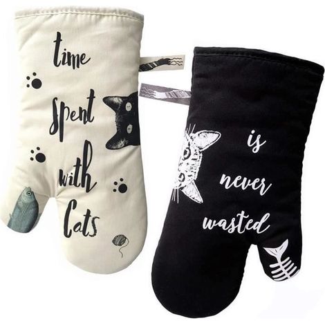 (Ivoire, Noir)Gants de cuisine résistants à la chaleur, maniques et gants pour la cuisine, le barbecue, la pâtisserie, ivoire et noir, chat (1/4)