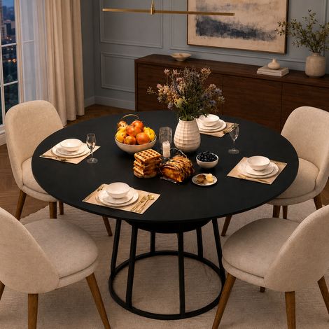 Table à Manger Ronde 120 cm pour 4 Personnes, Table de Cuisine Industrielle avec Étagère, Table en Bois Gain de Place pour Salle à Manger et Cuisine
