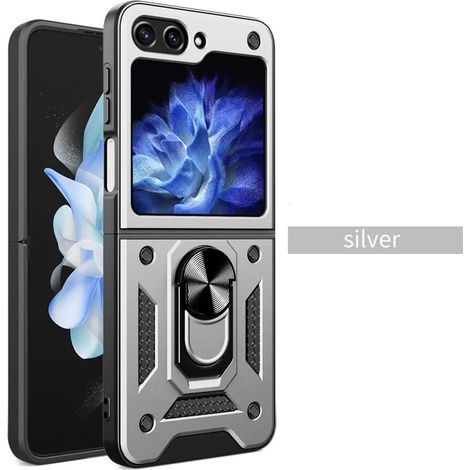 (Argent, Galaxy Z Flip5) Étui de protection antichoc avec support de bague et poignée antidérapante. (1/5)