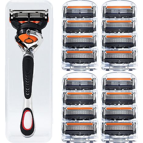 Rasoir manuel à 5 ​​lames — Rasoir pour hommes de style classique avec tête pivotante（1 manche de rasoir + 16 cartouches de lames orange et noires + étui）